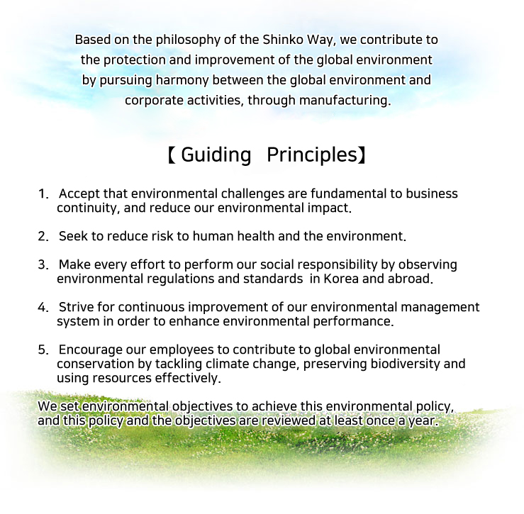 【 Basic Idea 】

 Our company will make all our efforts in order to preserve and enhance global environment
by pursuing [Harmony between global environment and corporate activity]
so that only one globe can be led(succeeded) to next generation in a healthy
environmental condition under our recognition that proper response to environmental
preservation is an important management task.


【 Code of Conduct 】

 1. We will reduce environmental load in all our business activity considering 
reduction of resources and energy according to product life cycle, 
reduction of CO2 emission and resource cycle.

2. We will prevent environmental risk that leads to pollution of natural environment 
and health damage caused by harmful chemical substances or wastes.

3.We will exert positive effort to preserve environment by enacting independent 
standard as required, not to mention observing the requirements of environmental 
restrictions at home and abroad and those agreed by our company.
 
4. We will pursue sustained improvement of environment management system 
as well as implementation of information disclosure and feedback in recognition 
of environmental effect by our business activity, product and service.

5. All the employees shall exert their respective efforts for improving environment as responsible members of society when performing their duties.

6. We will accomplish environmental policy by setting environmental goal and regularly 
performing review on environment management for its implementation condition.

7. We will secure transparency of environment management activity by disclosing 
environment policy to the stakeholders (people concerned) as well as making it known to them.